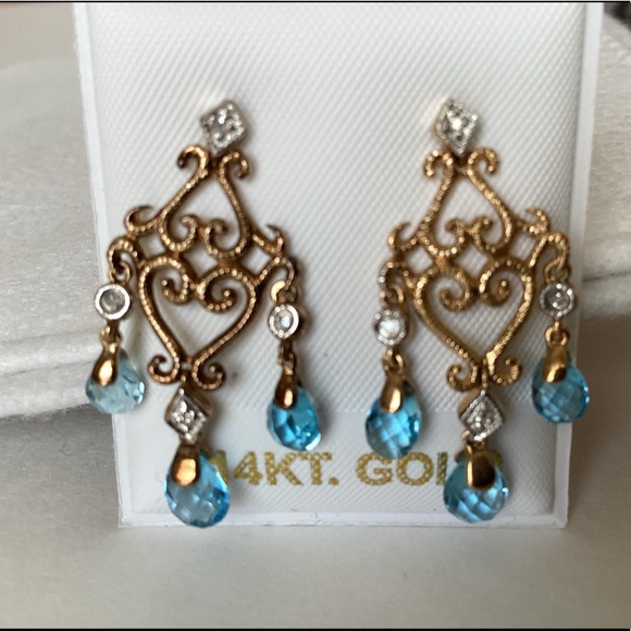 14k BLUE TOPAZ CHANDELIER EARRINGS - Picture 2 of 8